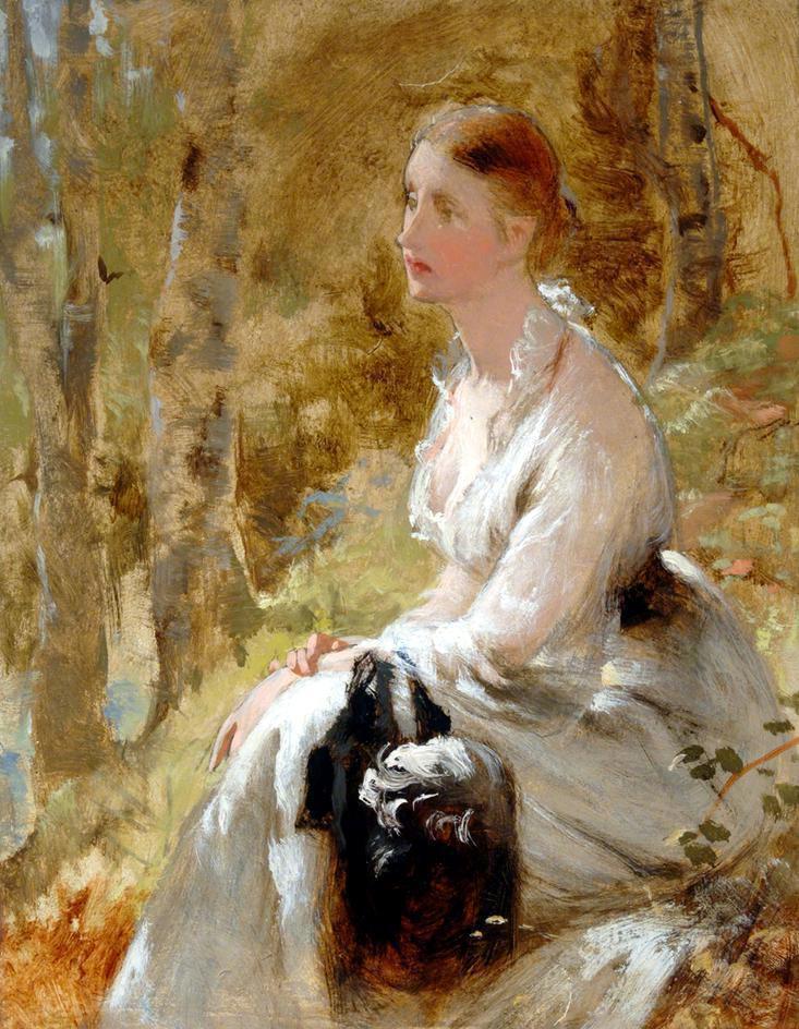 George Elgar Hicks, seated woman in white dress